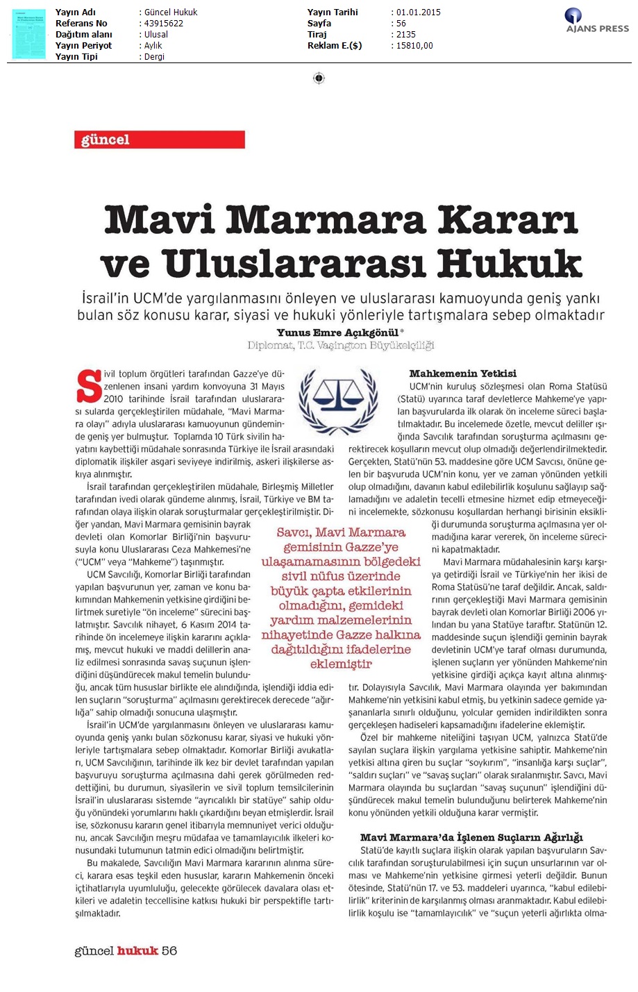 Mavi Marmara Kararı Ve Uluslararası Hukuk